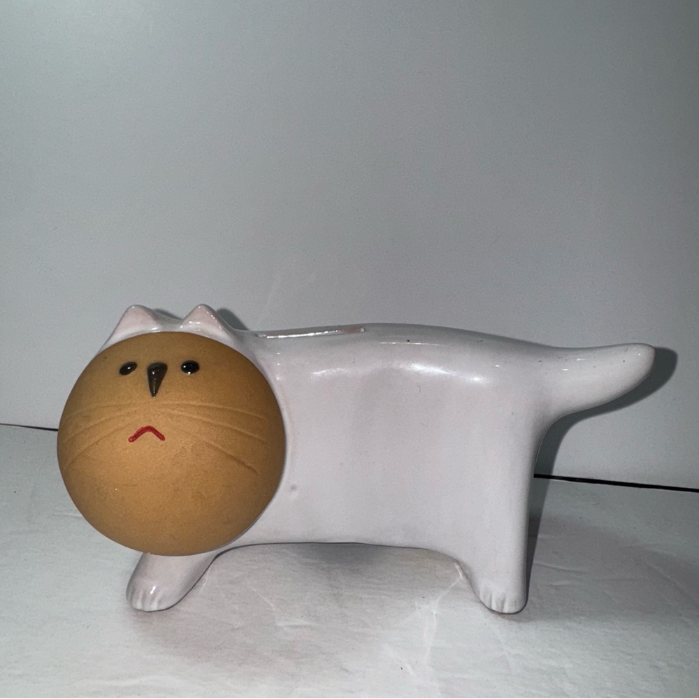 Vintage '60s OMC Japan Mid Century Modern Stoneware Figural Cat Face Bank OMC